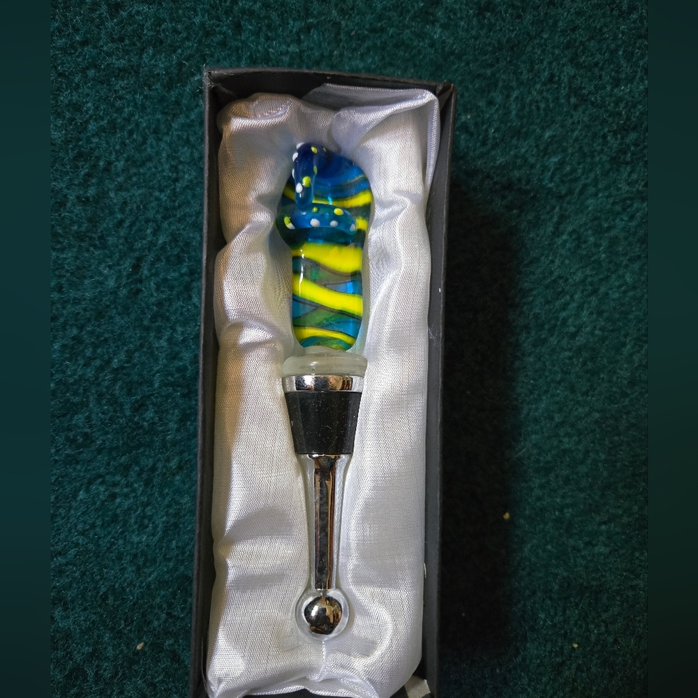 Blue & Green Flip Flop Sandal Glass Blown Metal Wine Bottle Stopper, New In Box